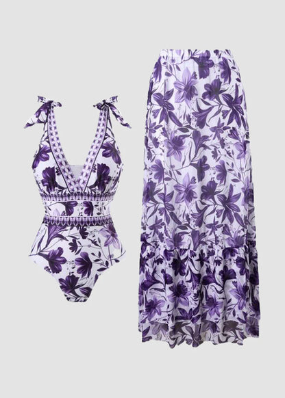 V Neck Blue Print One-Piece Swimsuit and Matching Cover Skirt Set Summer Swimdress