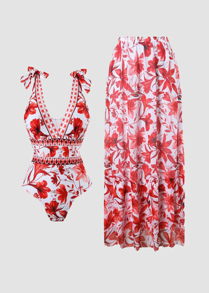 V Neck Blue Print One-Piece Swimsuit and Matching Cover Skirt Set Summer Swimdress