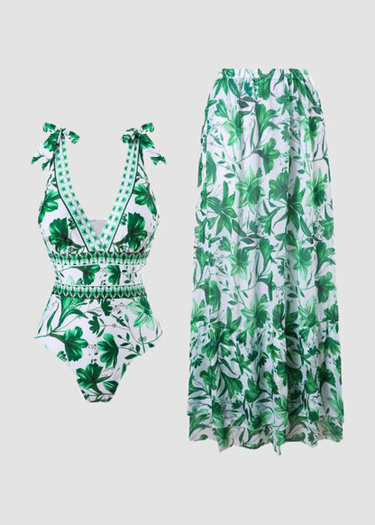V Neck Blue Print One-Piece Swimsuit and Matching Cover Skirt Set Summer Swimdress