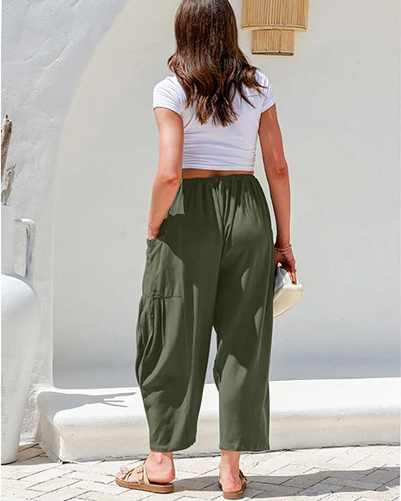Womens Linen Wide Leg Pants Casual Loose Beach Palazzo Harem Pants with Pockets