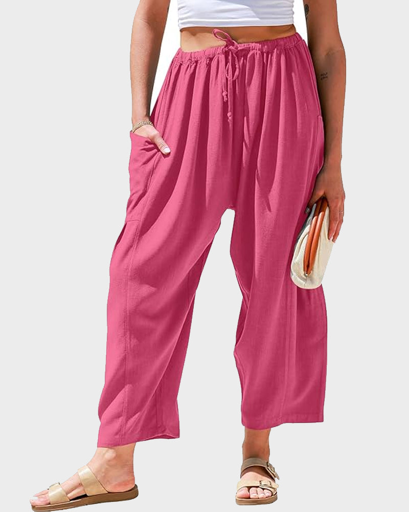 Womens Linen Wide Leg Pants Casual Loose Beach Palazzo Harem Pants with Pockets
