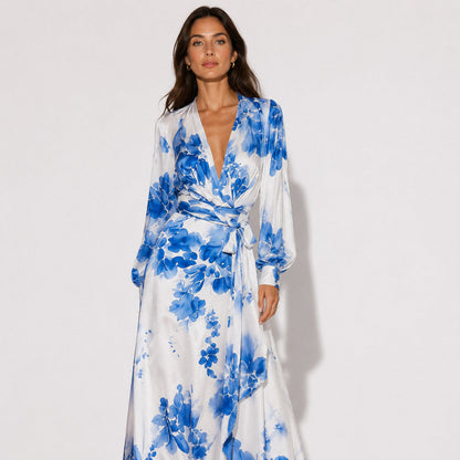 Satin Long Sleeve Wrap Maxi Dress