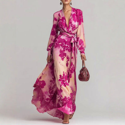 Satin Long Sleeve Wrap Maxi Dress