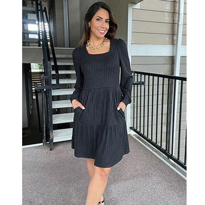 Womens Square Neck Long Sleeve Fall Dresses Casual Babydoll Sweater Dress