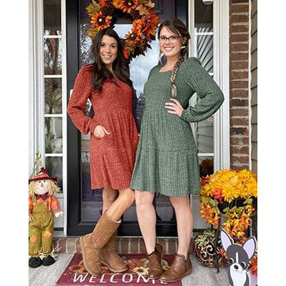 Womens Square Neck Long Sleeve Fall Dresses Casual Babydoll Sweater Dress