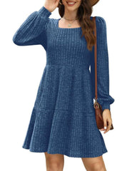 Womens Square Neck Long Sleeve Fall Dresses Casual Babydoll Sweater Dress