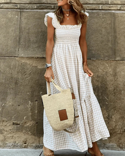Women's Retro Plaid Smocked Maxi Dress with Pockets - Sleeveless Flowy Casual Dress