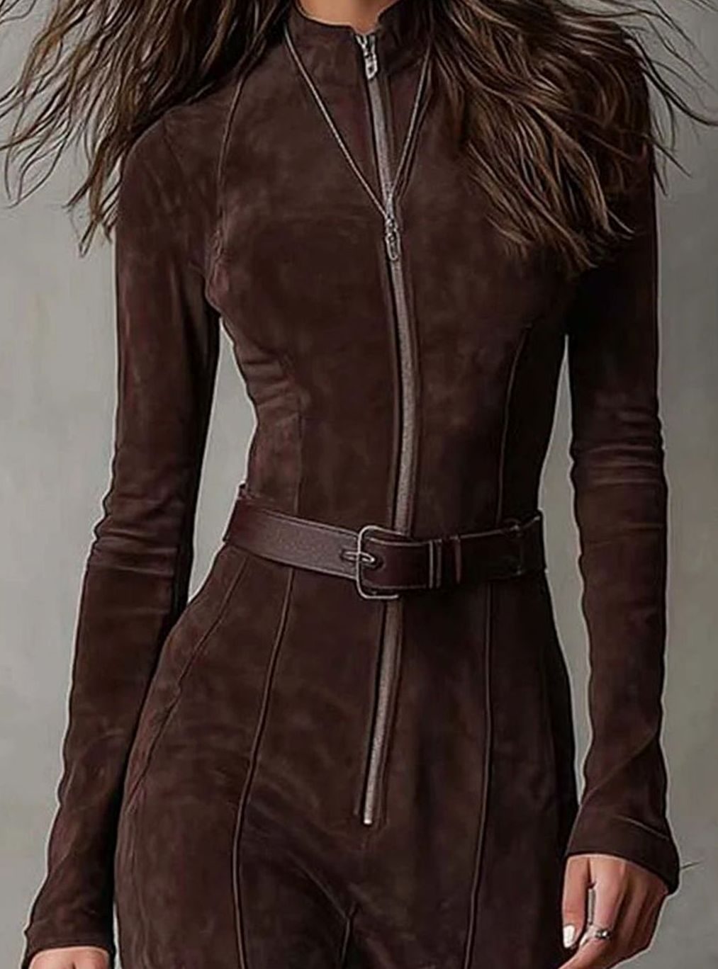 Women's Suede-Look Belted High-Slit Zip-Up Maxi Dress