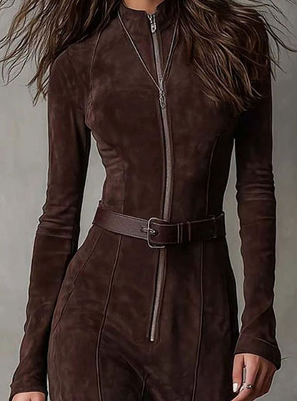 Women's Suede-Look Belted High-Slit Zip-Up Maxi Dress